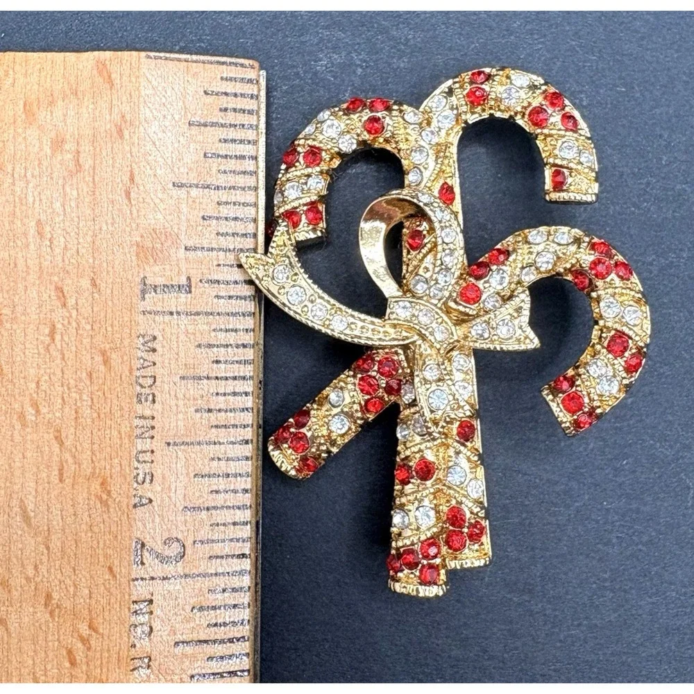 Monet Candy Cane Bow Brooch Christmas Pin Red Rhinestones Gold Tone w/ Box